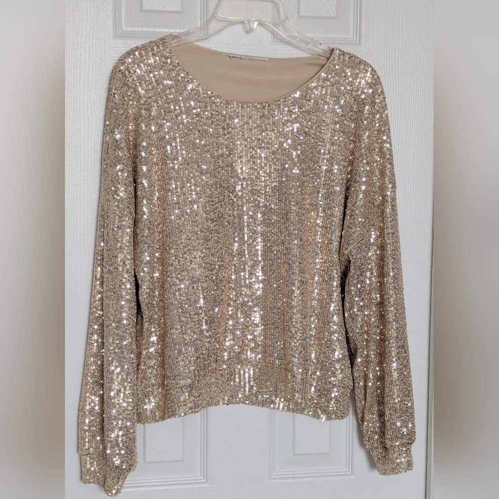 Cleo Women's (Size Medium) Lined Retro Gold Sequins Blouse/Top Party Disco